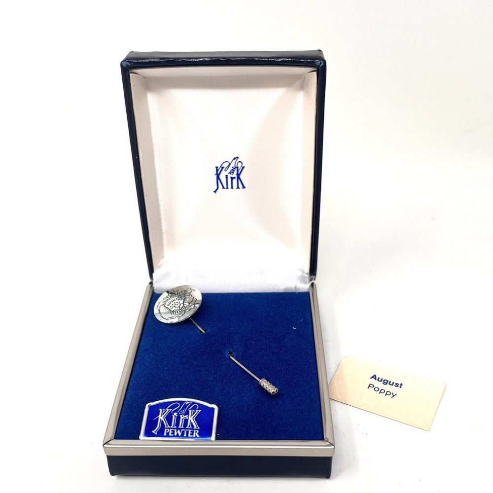 Vintage Kirk Pewter Lapel Stick Pin Etched Flower in Original Box Antique Brooch